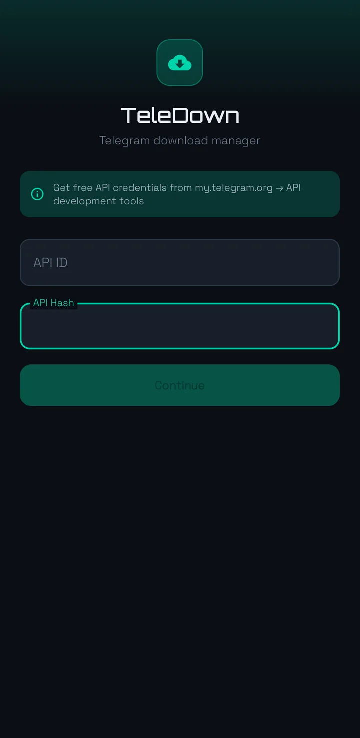 API ID and API Hash setup screen