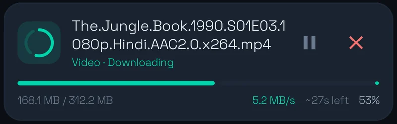 Active download at 5.2 MB/s, 27 seconds left