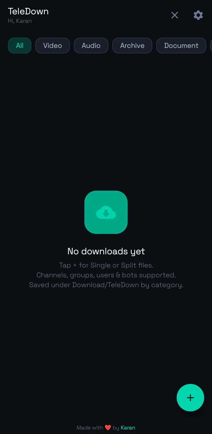 Empty home screen with the plus button