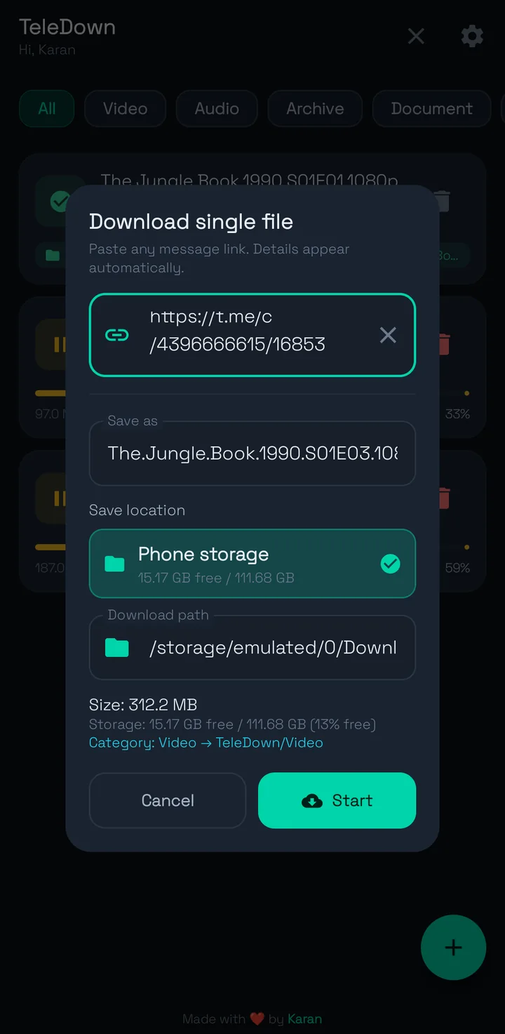 Download single file dialog with link pasted and details filled in