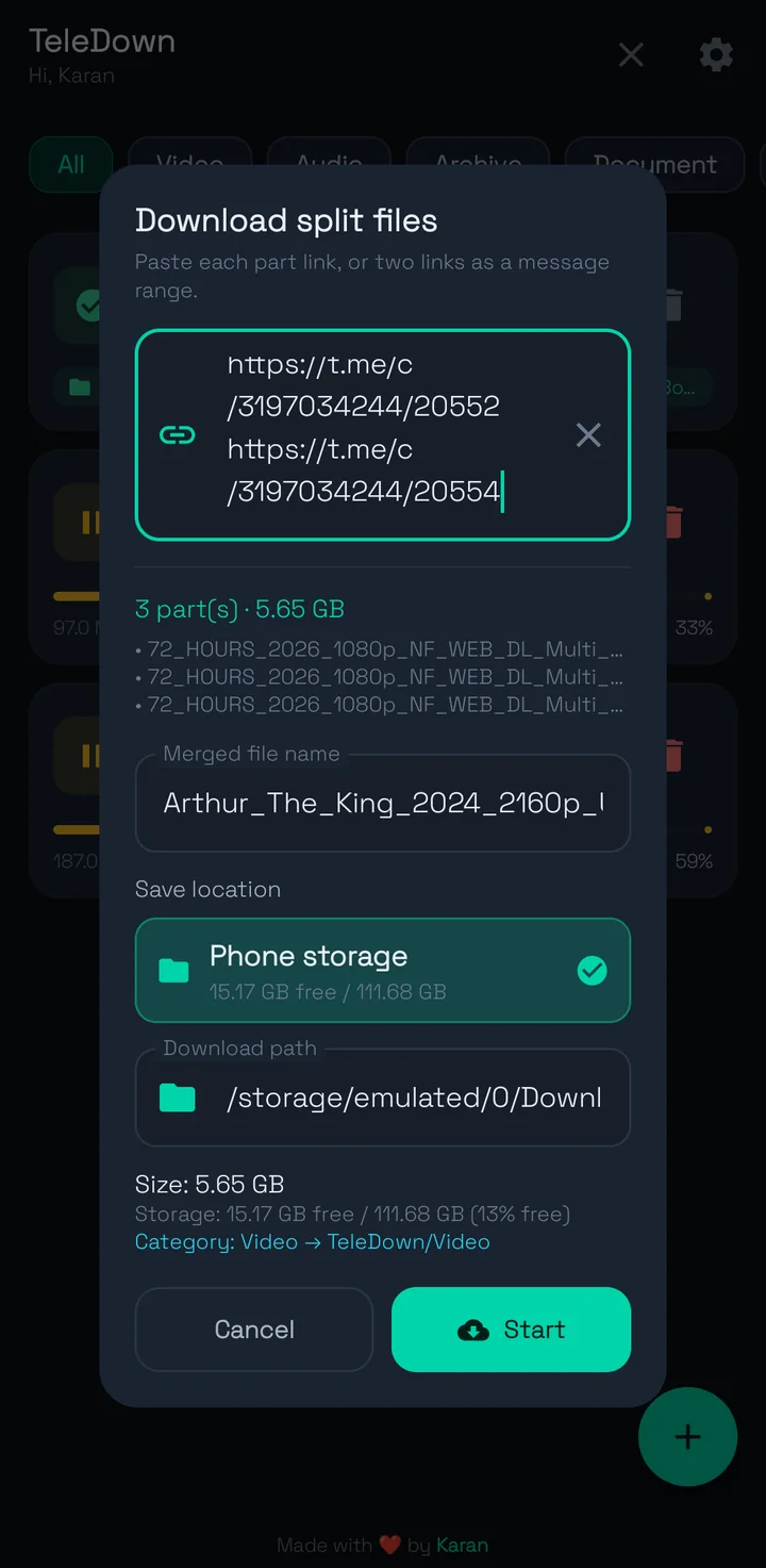 Download split files dialog showing 3 parts, 5.65 GB