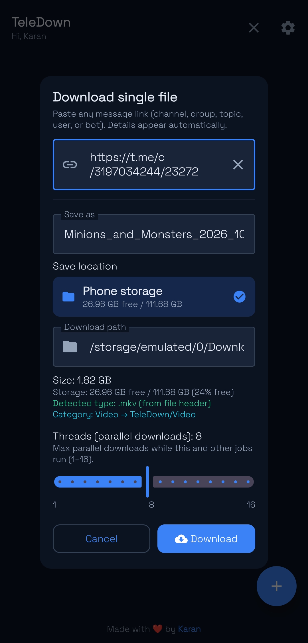 Single file download dialog